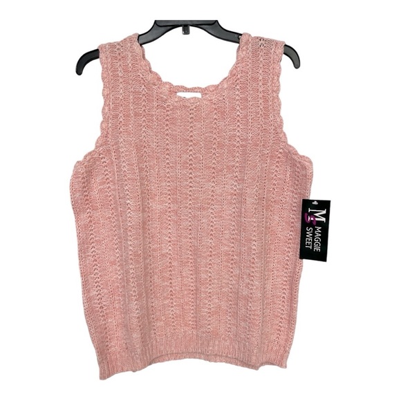 Maggie Sweet Sleeveless Knit Sweater Womens Size L Pink White Scalloped Edge - Picture 1 of 8